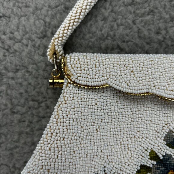 Vintage Floral Needlepoint Seed Beaded Purse Handbag Hinge Closure Beaded Strap - Picture 5 of 9